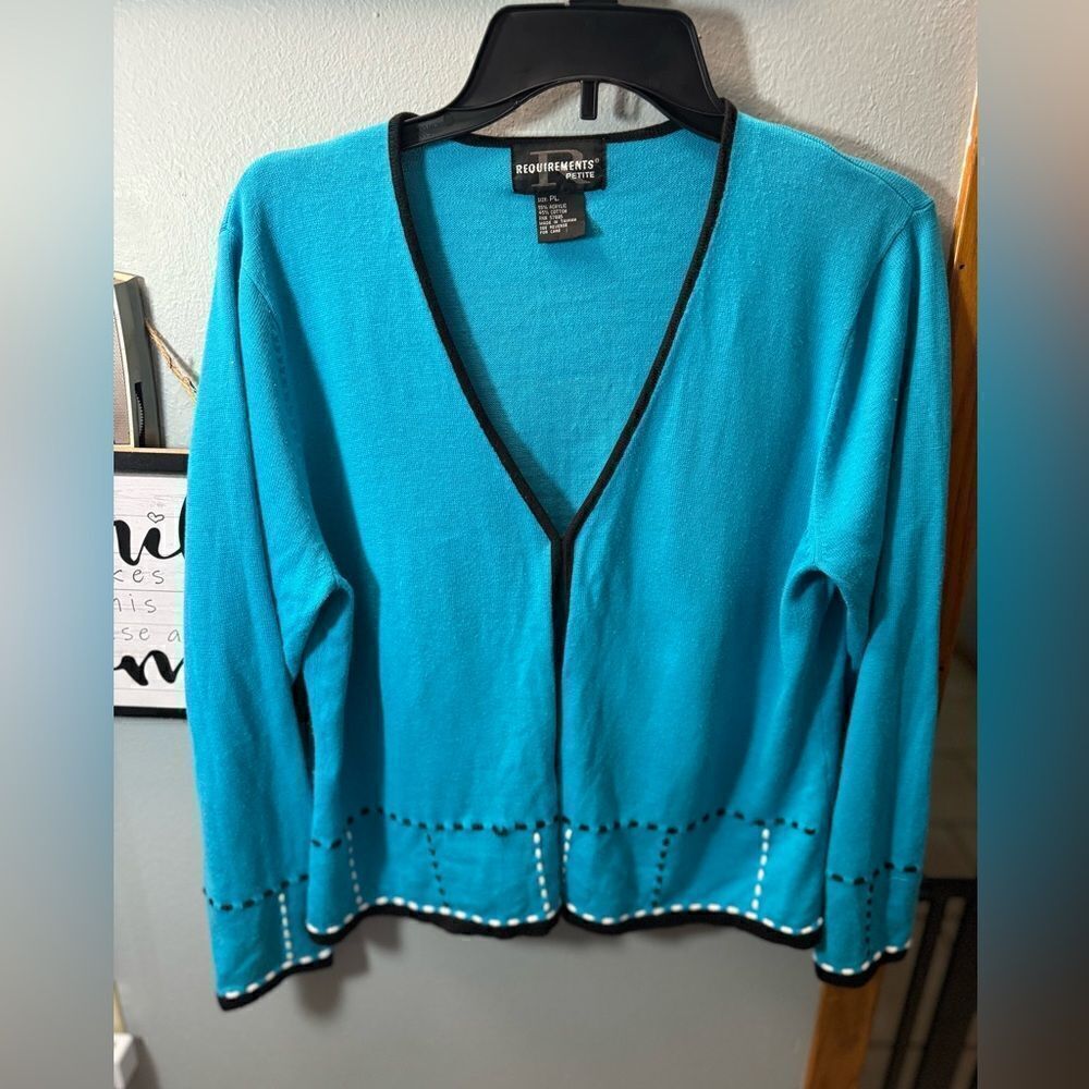 Requirements Petite Acrylic Blue Teal Sweater with Black and White Trim Petite L